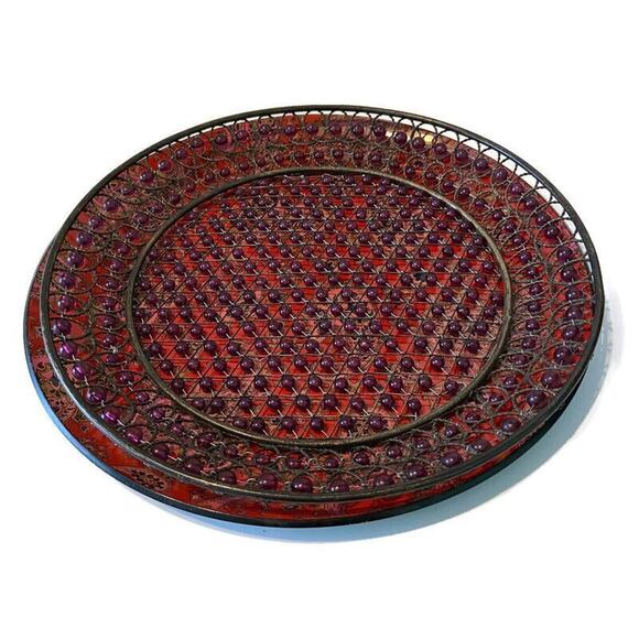 Purple Beaded Serving Trays 70s Paisley Decorative Set of 2 Colorful Hippie 70s - Picture 1 of 10